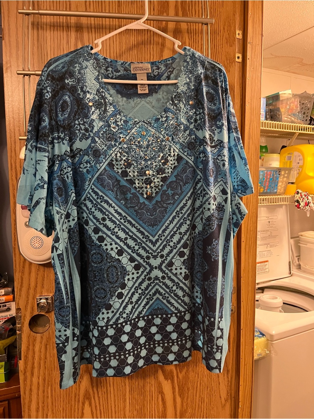 Catherines Aqua and Navy Patterned Short Sleeve Tee with Stud Accents